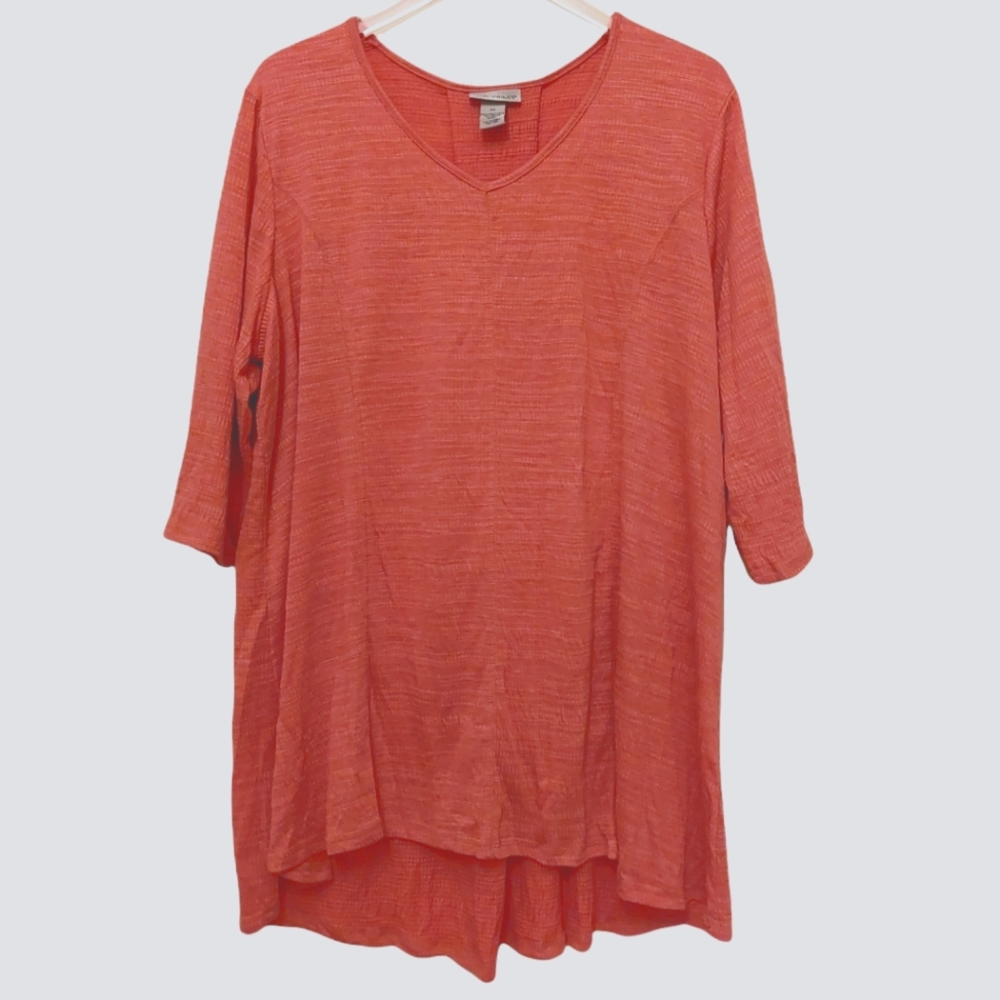 NWT Catherine's 2X Blouse Coral Pink 3/4 Sleeve Slit Back Flowy Tunic Stretchy